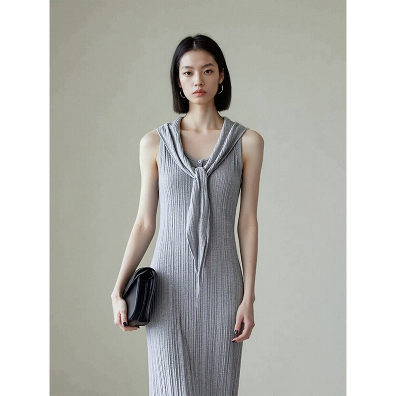 "White Dew" Acetate Cotton Flutter-Neck Sleeveless Dress, Slim-Fit, Pleated Long Dress, Elegant and Versatile Tank Dress
