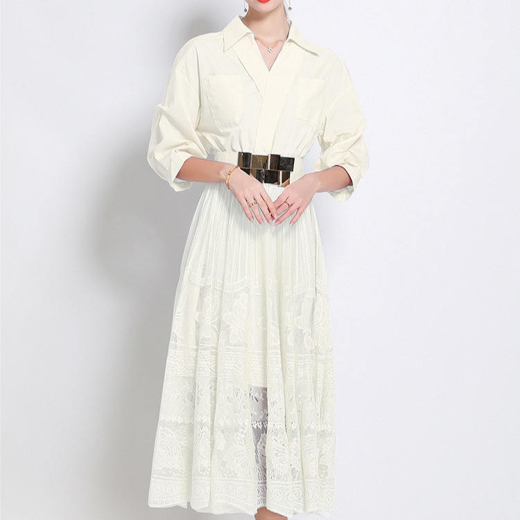 Elegant V-Neck Floral Lace Trim Midi Dress With Flared Hem - A-Line Princess Style For Women Lightweight_ecoleips.com