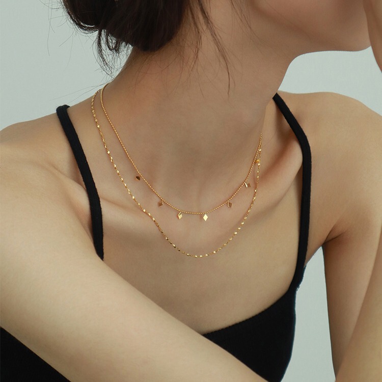 Douyin Internet Celebrity Live Broadcast Popular Small Square Sequin Double-Layer Clavicle Chain Stacked Titanium Steel Non-Fading High-End Necklace for Women Douyin Internet Celebrity Live Broadcast Popular Small Square Sequin Double-Layer Clavicle Chain Stacked Titanium Steel Non-Fading High-End Necklace for Women