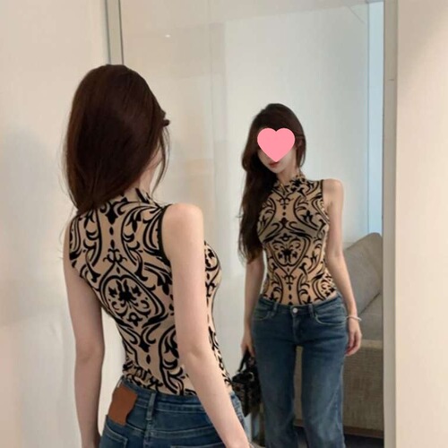 New Chinese Style Summer Retro Print National Style Sexy Sheer Mesh Collar-Up Top Women's Bodysuit