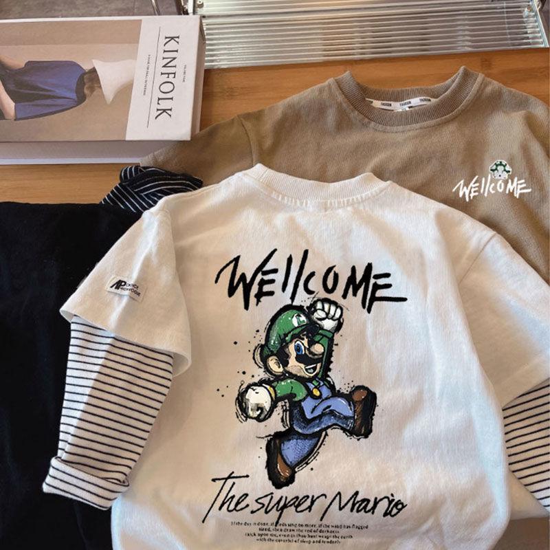 Camiseta de algodón para niños de manga larga de primavera y otoño ropa de niños guapos delgados camisa de fondo de dos piezas para niños de estilo coreano