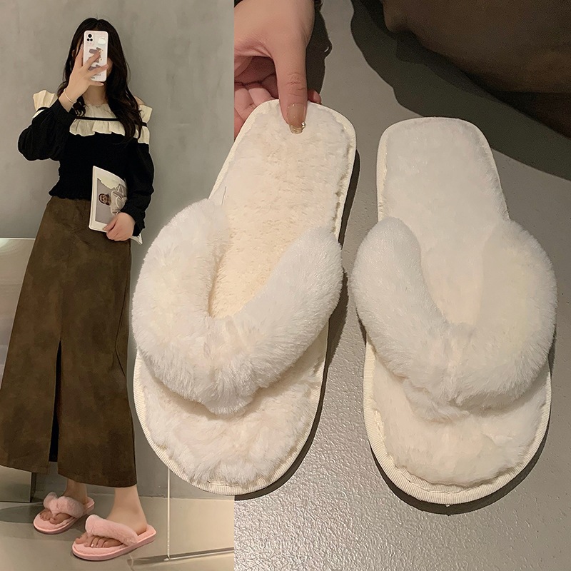 子人字拖女室内毛绒月秋冬地板拖外穿居家趾韩版夹防滑棉拖鞋毛毛