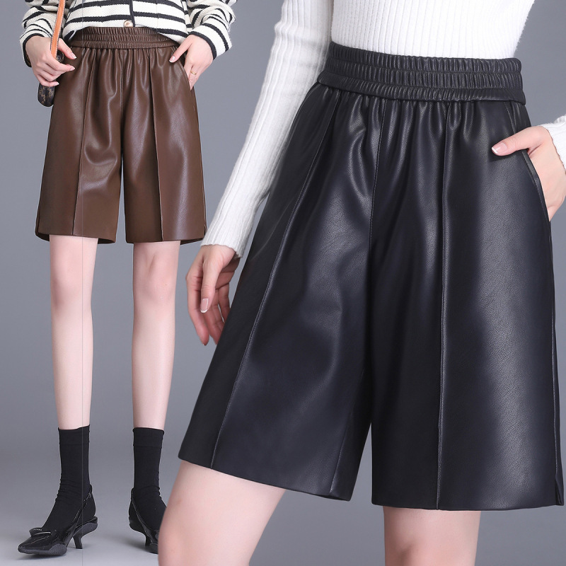 Brand Autumn and Winter A-Line Versatile Shorts for Women, Light Luxury Sheepskin Korean Style High-Waisted Slim-Fit Fashion Leather Pants for Petite Figures