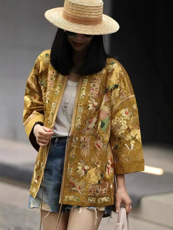 深圳中式国风巨重工黄缎真丝外套立体刺绣宽松廓V领精品女装上衣|undefined