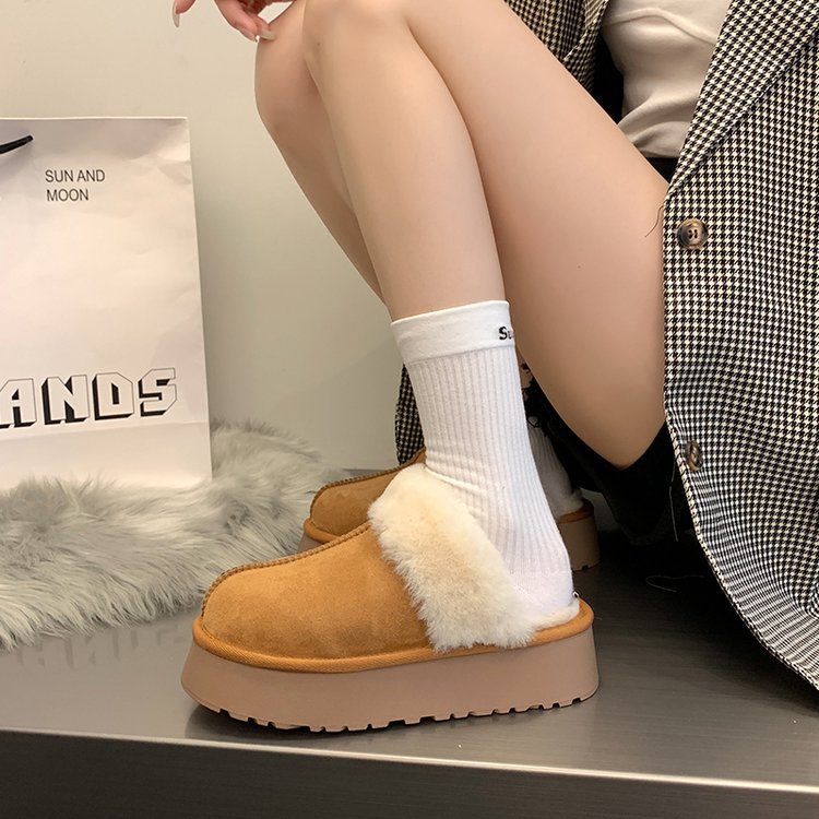 Papuci retro din blană pentru femei care poartă cizme de zăpadă cu talpă groasă integrată din blană nouă, cu vârf și papuci cu fund plat din bumbac_voghion.com