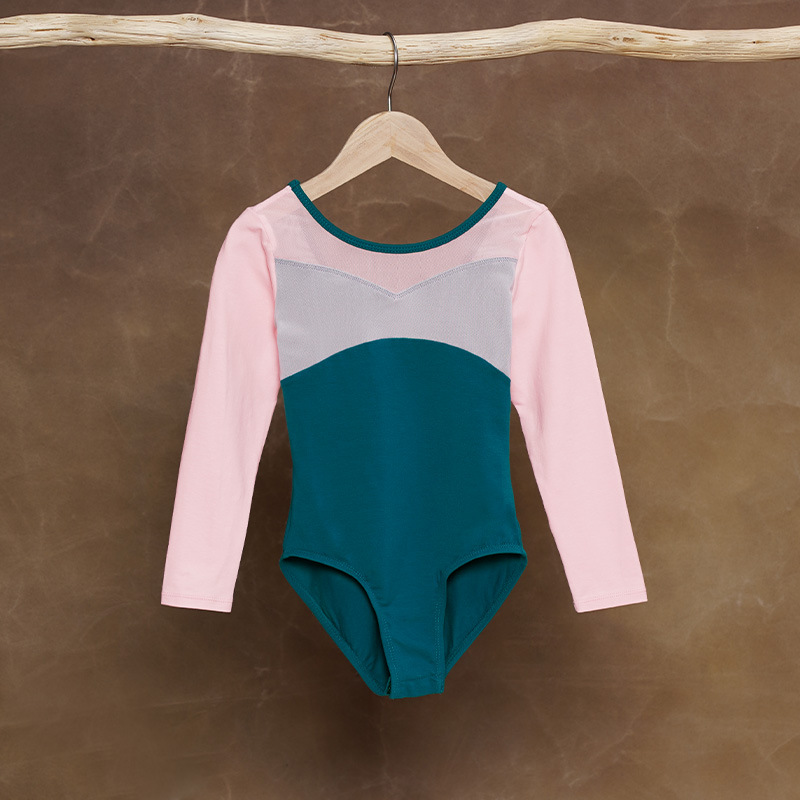 Traje de baile para niños Traje de entrenamiento de manga larga de primavera para mujer Traje de gimnasia de dos piezas falso Traje de ballet con costuras de color en contraste Traje de rendimiento