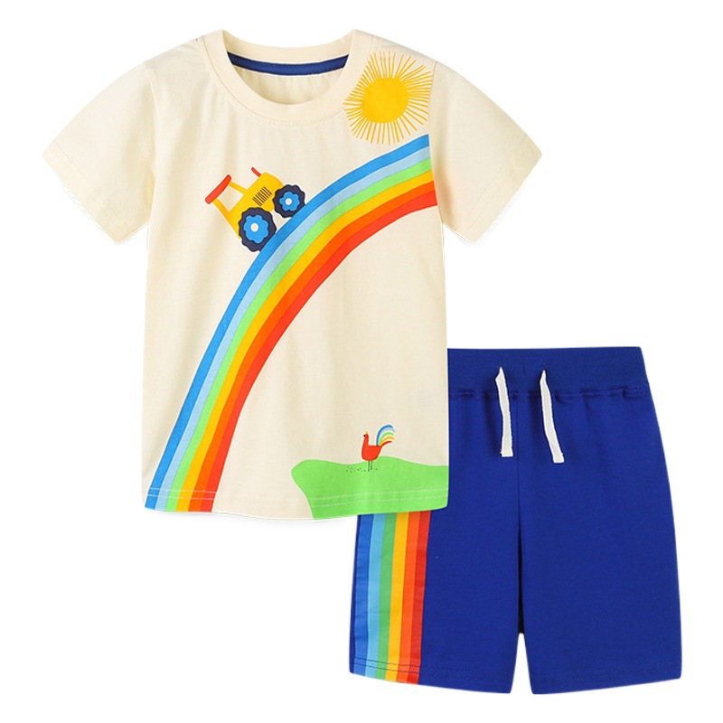 Conjunto de ropa infantil de estilo europeo y americano, nuevo producto de verano, conjunto de dos piezas de algodón de punto de manga corta con cuello redondo y estampado de dibujos animados para niños, estilo europeo y americano.