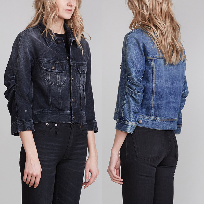 Special Offer: R13 Solid Blue Cotton Drop-Shoulder Button-Down Jacket, Loose Pleated Short Denim Jacket