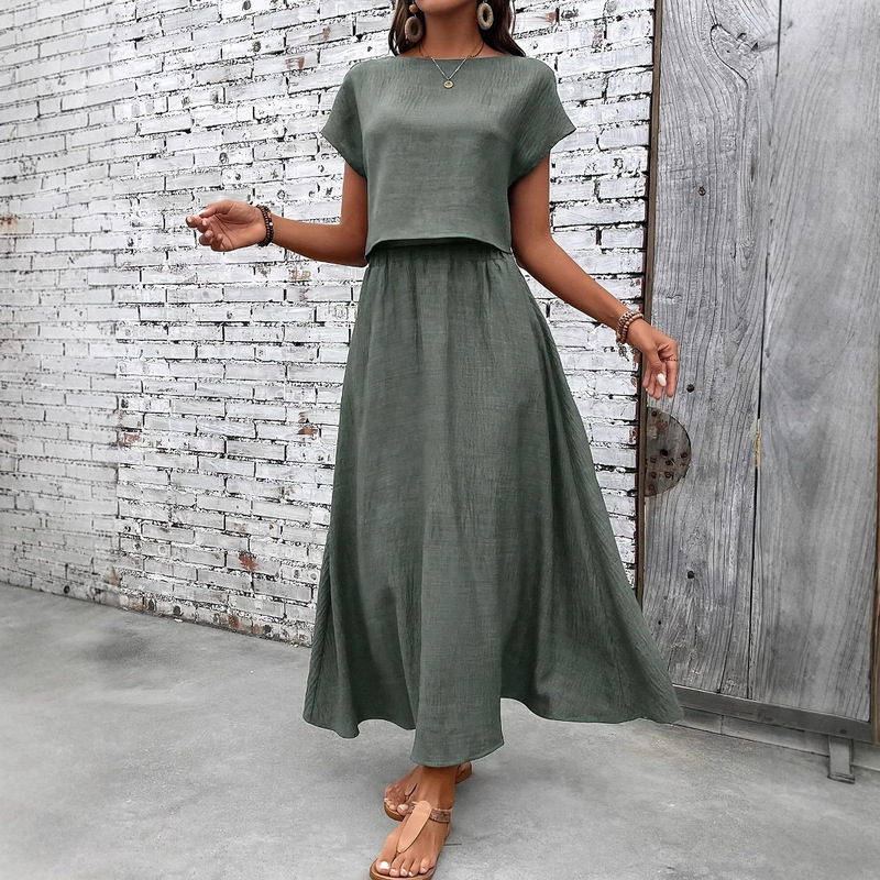 Spot Cross-Border Amazon European and American Aliexpress 2-Piece Women's Solid Color Short-Sleeved Tops and Casual A-Line Skirt Suits