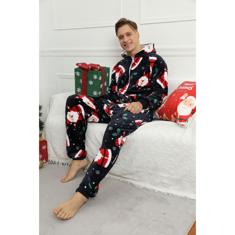 2021 Dropshipping European and American Amazon Cross-Border Men's Christmas Printed Flannel Jumpsuit Pajamas Home Clothes