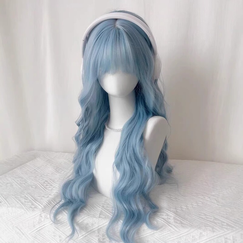 [Blue Mist Curly Yarn] Wig for Women with Long Curly Hair, Gray Mist Blue Water Ripples, Natural Artificial Cos Full Headgear