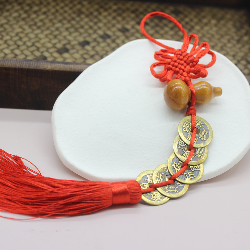 3 # 빨간 밧줄 매듭 + 나무 조롱박 황동 5 황제 돈