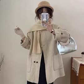 高级设计感双排扣呢子大衣女冬季新款韩版小个子中长款毛呢外套