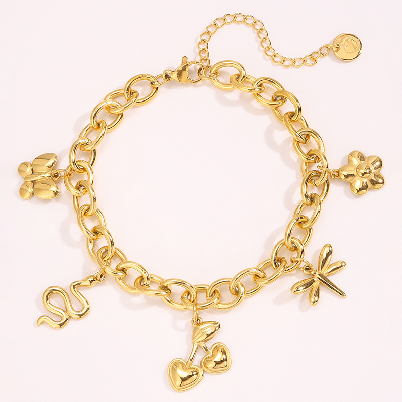 Moda nueva mariposa libélula arena pulsera de oro lujo ligera alta personalidad serpiente dorada cinco hojas flores joyas pulsera de acero titanio