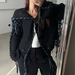 南油高定女装新款时尚小众设计针织翻领流苏开衫女