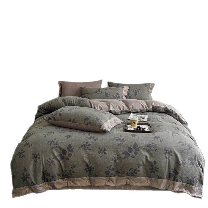 2025 otoño y invierno engrosar el conjunto de cuatro piezas de lino original GaoGam retro doble hilo impreso botón dormitorio conjunto de tres piezas