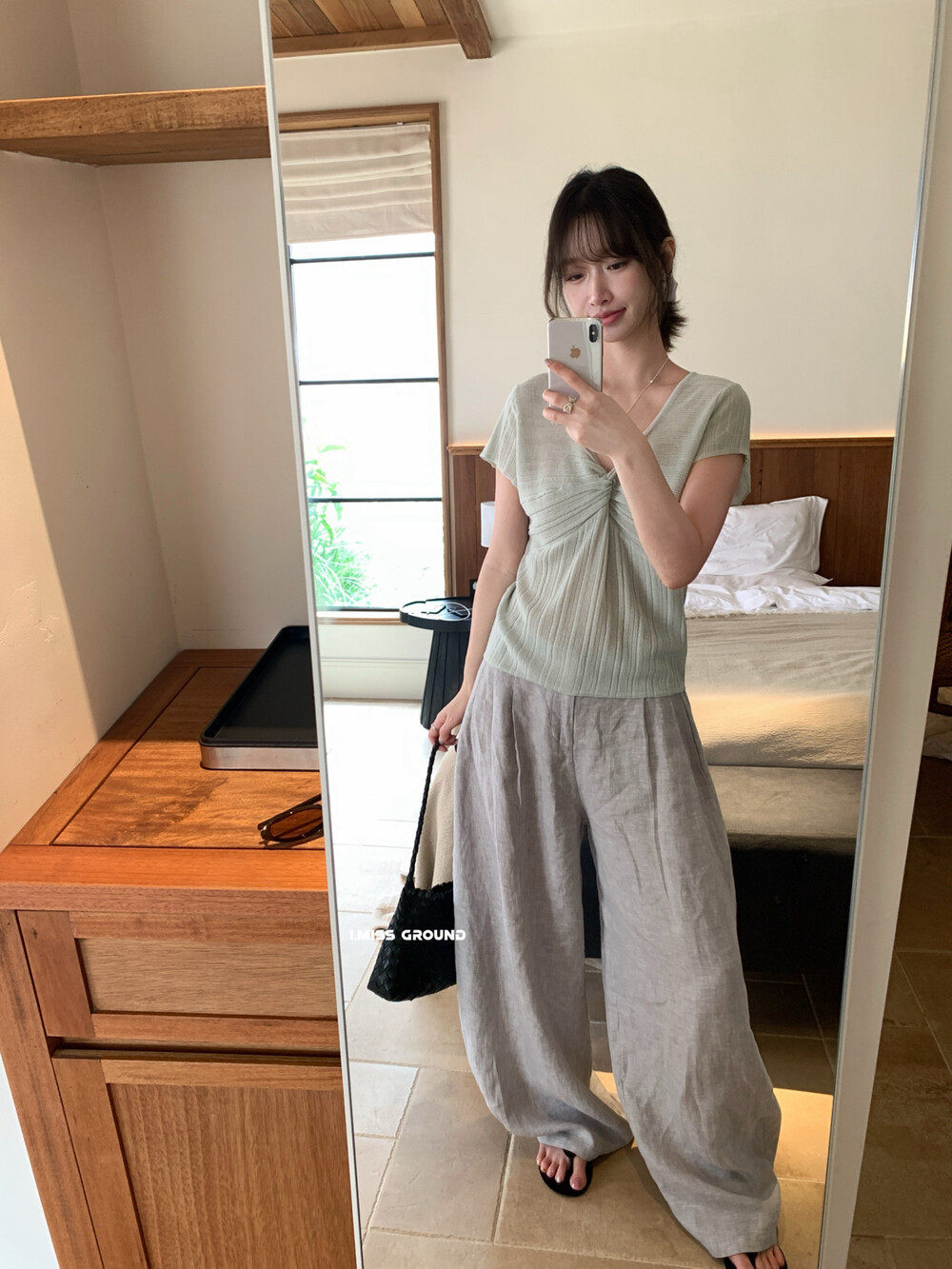 Áo thun nữ tay ngắn cổ V xoắn nút phong cách Pháp, chất liệu linen mềm mại — xanh đậm, Xanh nước biển, hồng nhạt, bạc hà xanh chi tiết 21