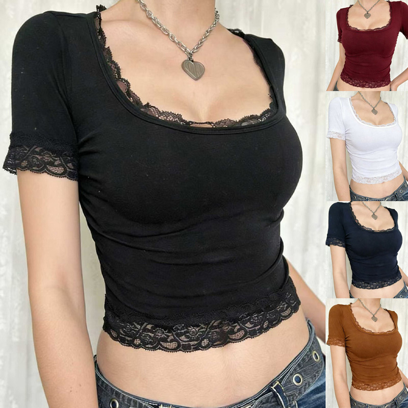 2026 Summer European and American Cross-Border Hot Girl Style Sexy U-Neck Lace Bow Patchwork Slim Fit T-Shirt Short Style