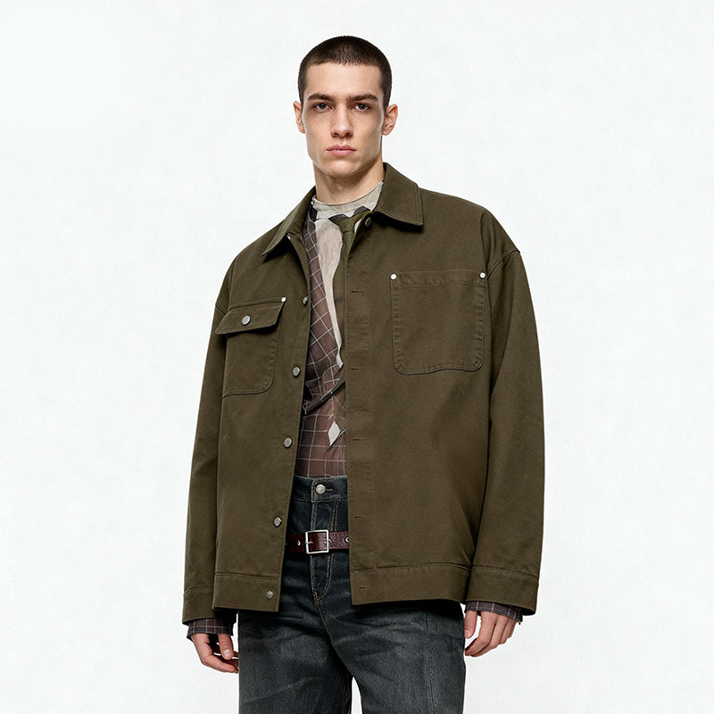 Jie Zhan Men's Clothing | Double-Striped Workwear Jacket 2026 Spring New American Retro Trendy Brand Men's Shirt Jacket