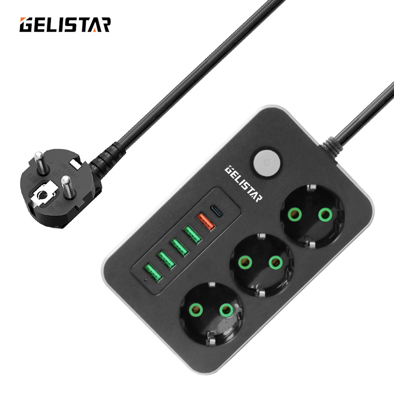 外贸欧式插座带USBTypeC家用多功能欧规排插多孔带开关插排接线板