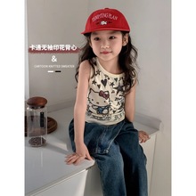 X295【人棉1*1】韩范童装女童宝宝中小童卡通印花无袖背心T恤