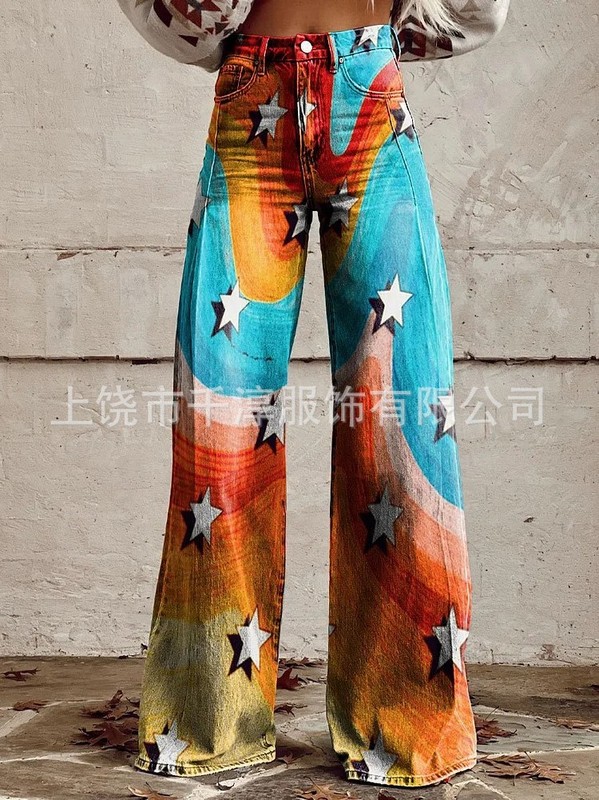 跨境欧美独立站爆款数码印花假牛仔女士阔腿裤 女士喇叭修身长裤|undefined