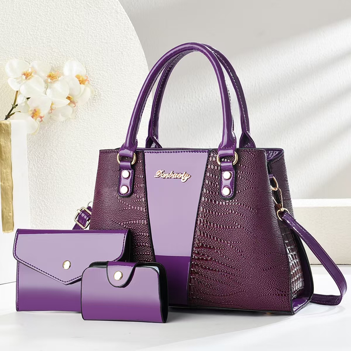Bolso Tote de Mujer con Grabado de Cocodrilo Set de 3 Piezas de PU para Viaje