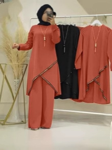 中东跨境热销Abaya suit亮片拼接上衣+阔腿裤纯色穆斯林套装|undefined