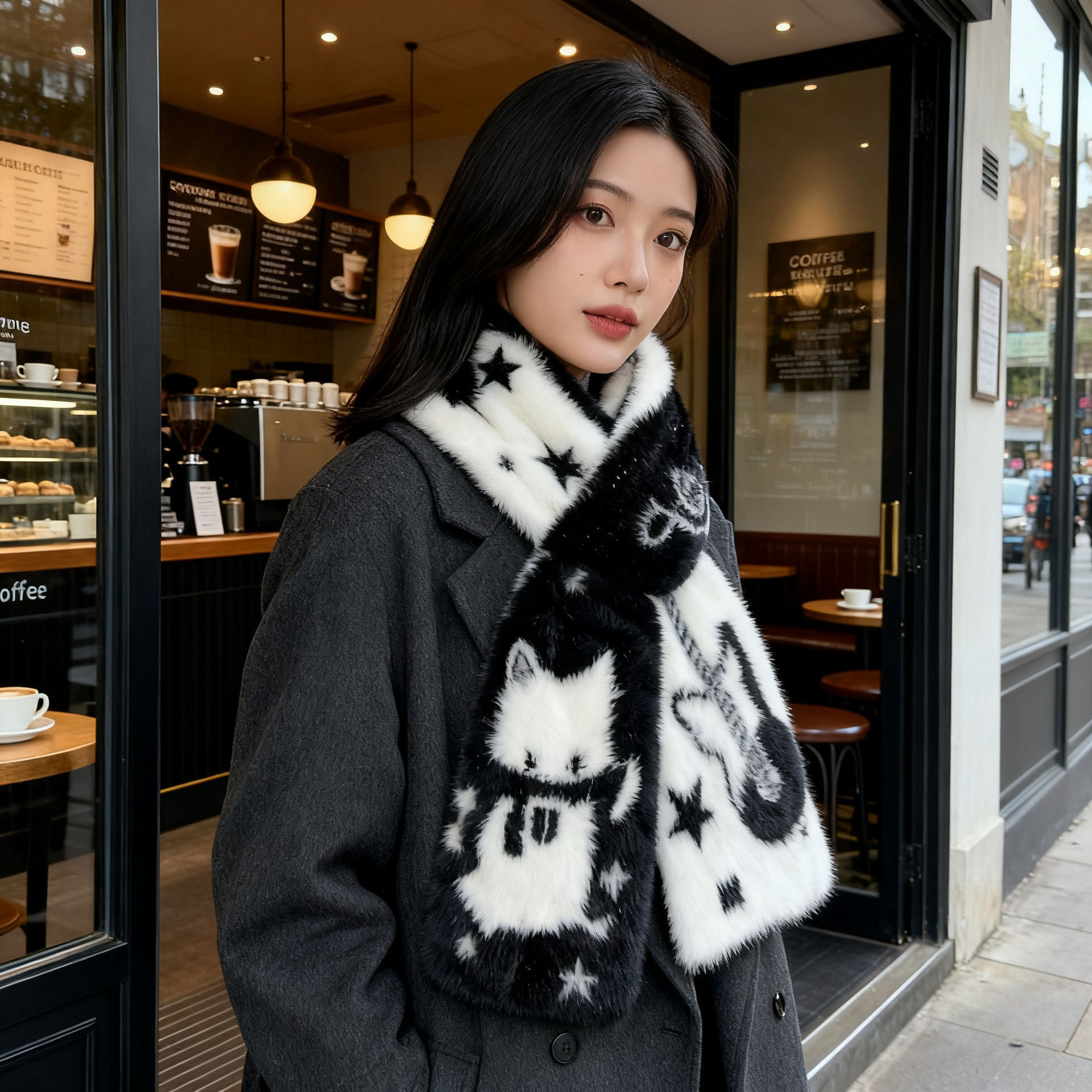 Japanese-Style Guitar Cat Faux Mink Double-Sided Knitted Scarf for Autumn and Winter, Warm and Cold-Resistant, Long Scarf for Students