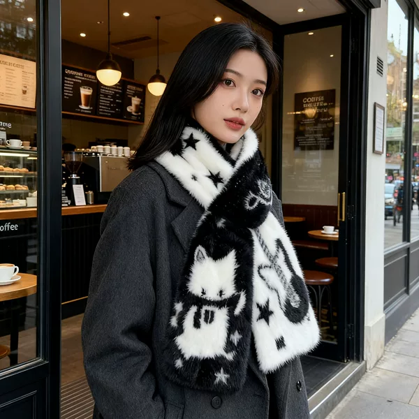 Japanese-Style Guitar Cat Faux Mink Double-Sided Knitted Scarf for Autumn and Winter, Warm and Cold-Resistant, Long Scarf for Students