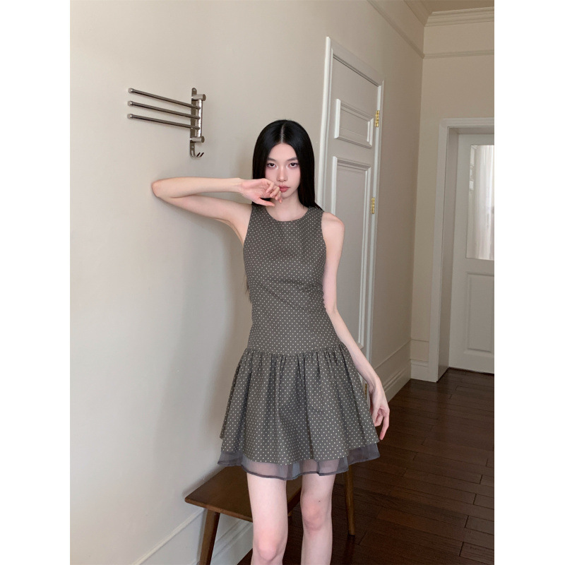 グレーブラウン水玉オーガンジーショートスカートレトロノースリーブドレス女性用|undefined