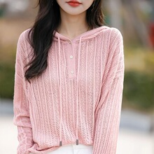 春秋新款慵懒风镂空设计羊毛连帽卫衣女宽松洋气半开领纯色针织衫