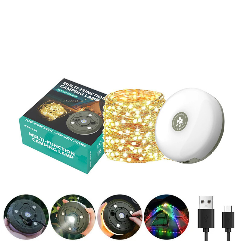 Nuevo ambiente transfronterizo LED camping light USB cargable al aire libre carpa de luz de cuerda de colores cinta medidor de almacenamiento de luz de camping