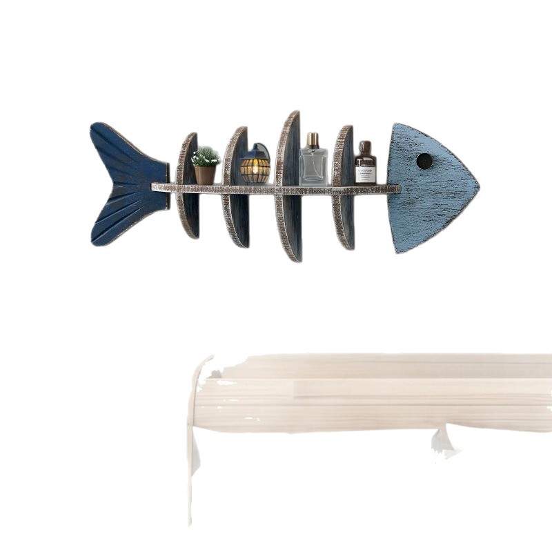 Fábrica directa de decoración mediterránea estantes de peces esqueleto partición de madera en forma de pez estante creativo de pared decoración de pared