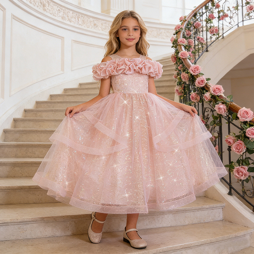 Nuevos vestidos para niños europeos y americanos, vestidos de princesa, elegantes faldas de tutú de malla, vestidos de noche de fiesta de cumpleaños para niñas de flores