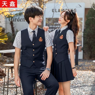 夏季新款中学生合唱团演出服马甲套装早教学院风早教幼儿园工作服