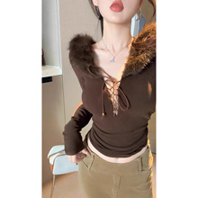 秋冬毛领拼接系带性感打底衫女修身内搭设计感长袖上衣跨境外贸款