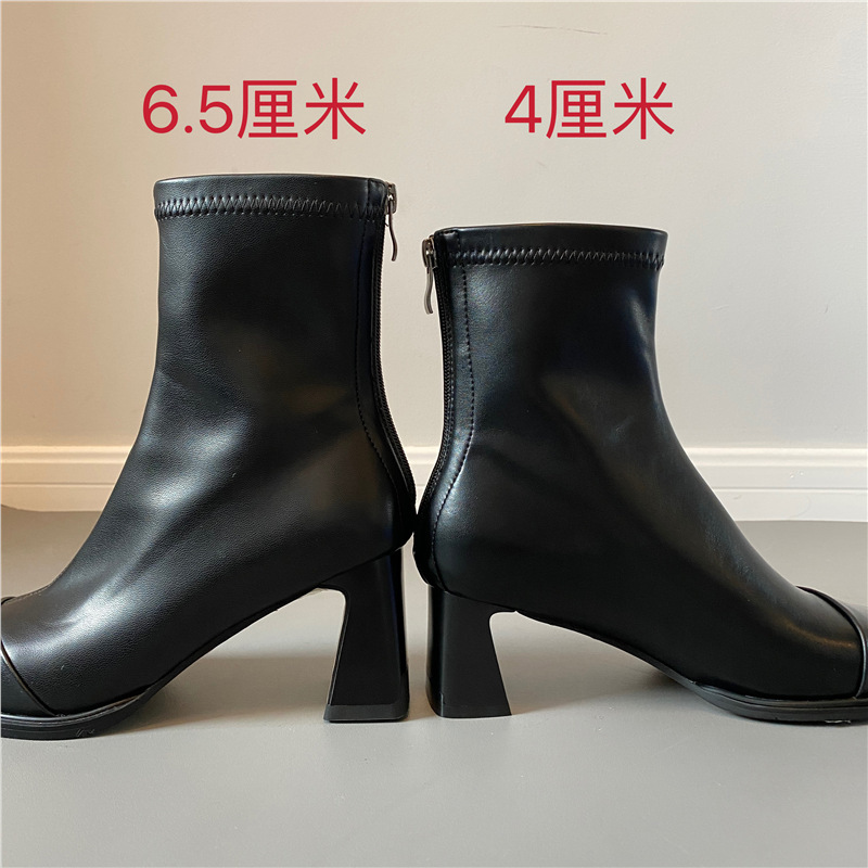 粗跟靴女方头QSDD短靴秋冬季高靴复古软皮法式瘦瘦黑色弹力跟|undefined