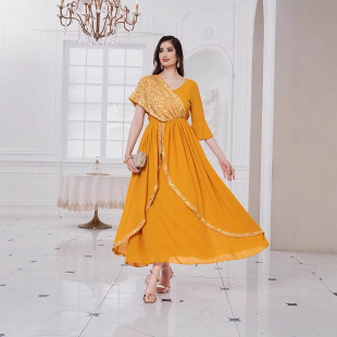 Ba7062 Middle East Dubai Arabian Ethnic Style Long Dress Asymmetric Sleeves Banquet Evening Dress