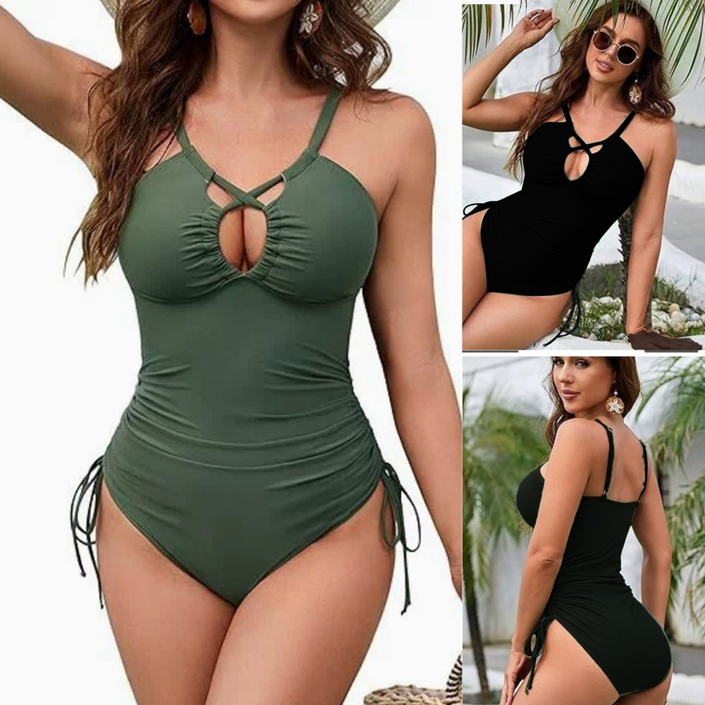 2025 New One-Piece European and American Cross-Border Swimsuit Sexy Strap Cross Solid Color One-Piece Amazon Bikini