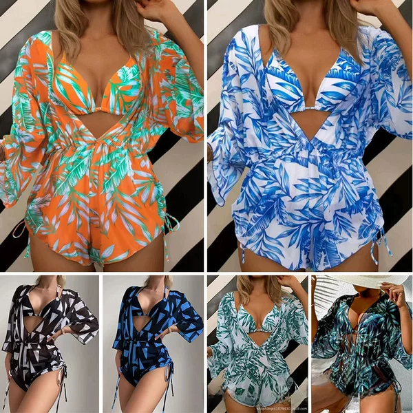 2025 Cross-Border European and American Three-Piece Bikini Set with Leaf Print, Waist-Cinching Tie, Tight-Fitting Long Sleeves, Beach Sun Protection