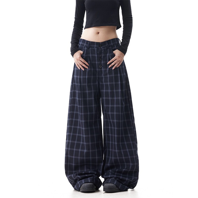 American Retro Low-Waist Blue Plaid Loose Casual Pants for Men and Women, Lazy Style Slimming Straight Wide-Leg Floor-Length Trousers Trendy