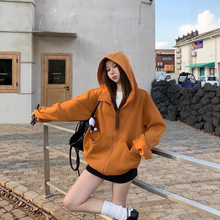 实拍  南瓜色连帽卫衣 外套女秋冬季慵懒风拉链开衫韩版女装新款