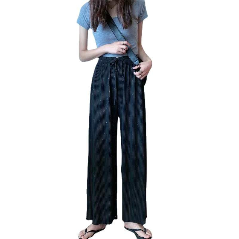 Pleated Wide-Leg Trousers, Starry Sky Print, One Size, Elastic Waist Drawstring