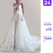 2025欧美外贸新白色长裙 亚马逊性感V领吊带连衣裙镂空蕾丝连衣裙