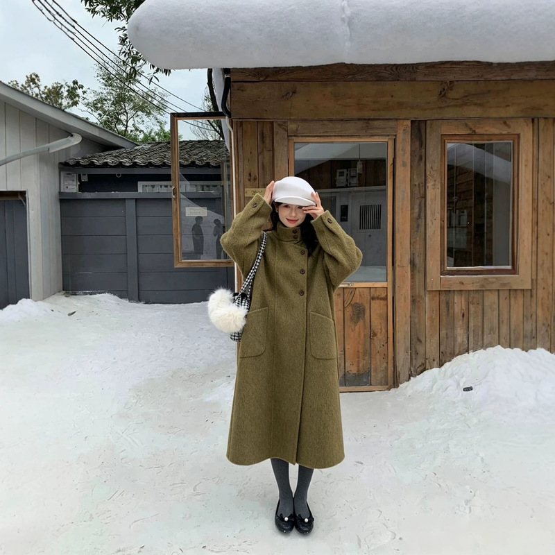 2026 Autumn/Winter Korean-style double-faced wool coat for women, loose long over-the-knee design, high-end handmade woolen coat