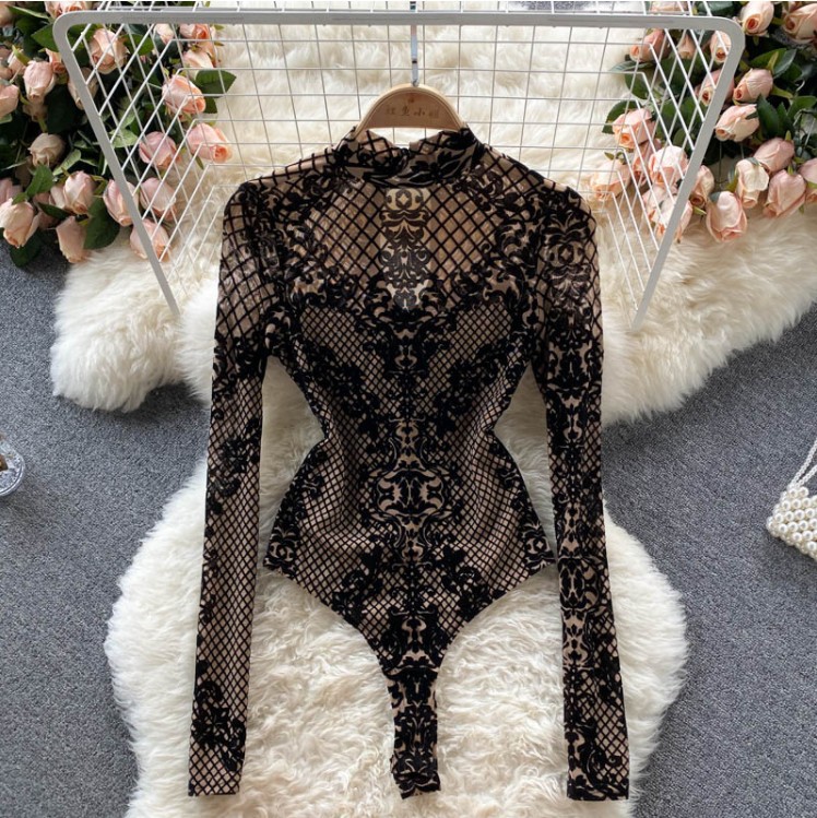 Mono de una pieza sexy ver a través de manga larga Slim bottoming Top jumpsuit