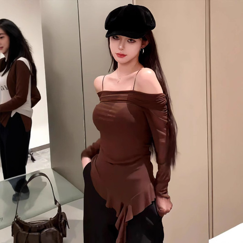 Pure desire style streamer one-length off-shoulder suspender T-shirt for women in autumn new fashionable slim fit versatile short top