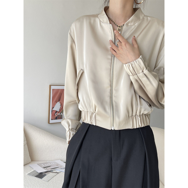 Mengzi spring and autumn women's silk satin texture pilot baseball jacket jacket women's all-match top X1456