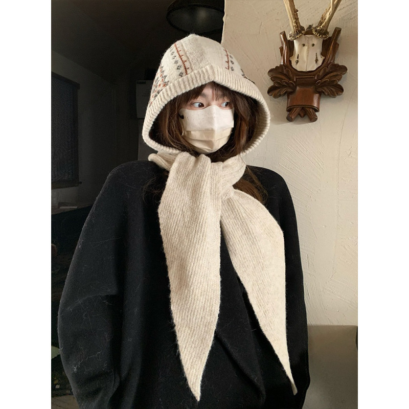 Korean Style Fair Isle Knitted Hooded Scarf All-In-One Winter Warm Ear Protection Woolen Hat New Balaclava